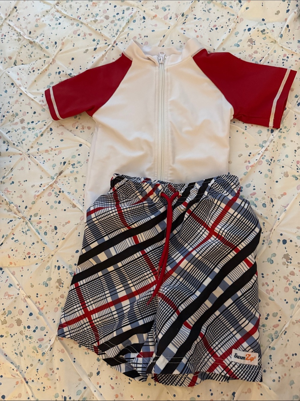 Kids White & Red Short-Sleeve Rash Guard with Plaid Swim Shorts